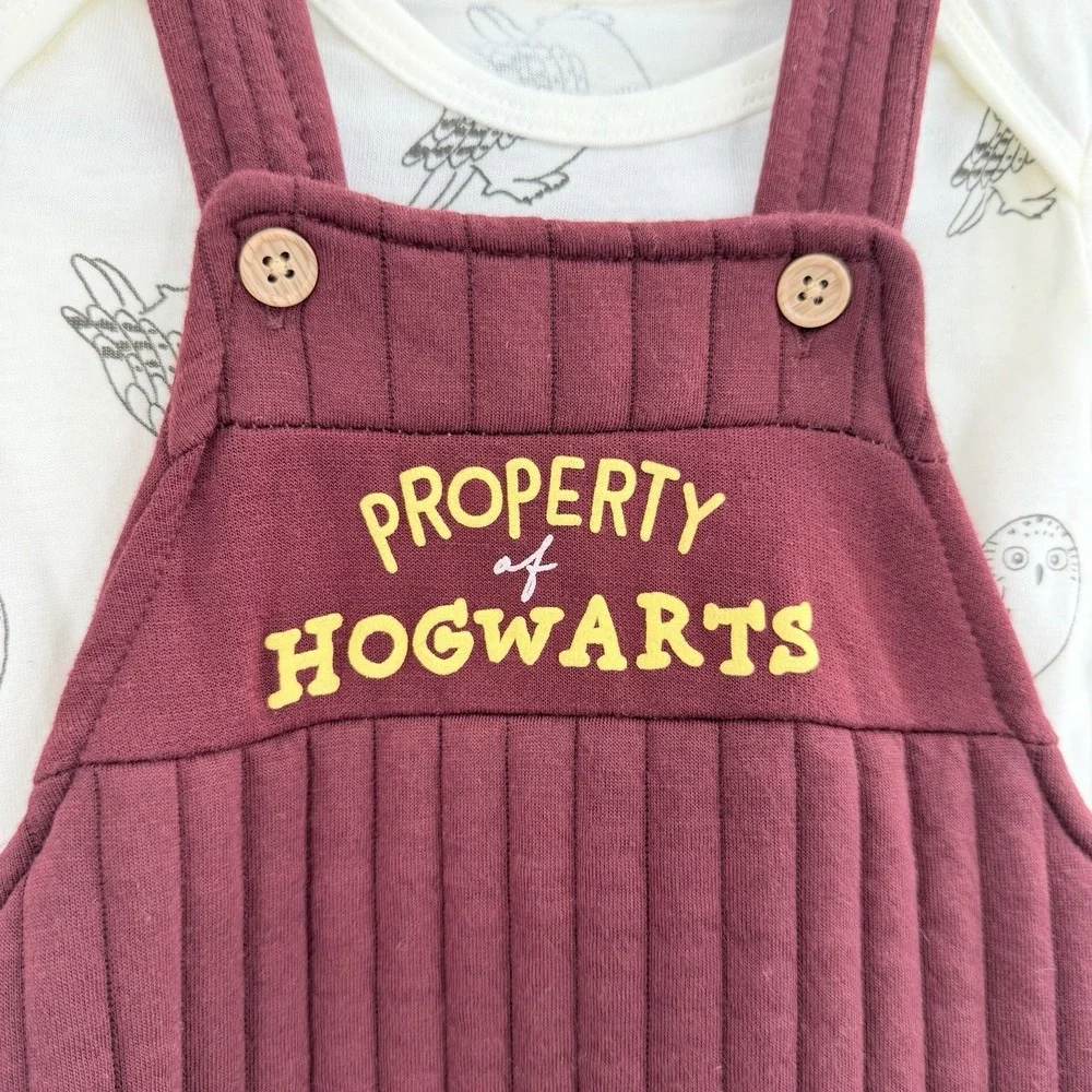 Harry Potter Hedwig Hogwarts Quilted Overalls Romper Bodysuit Set Baby 12M NWT